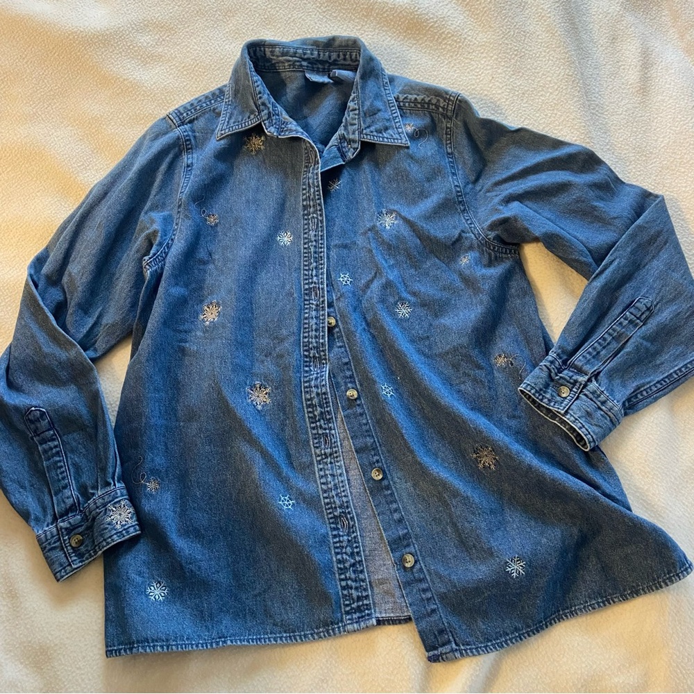 Embroidered Snowflake Denim Button-Up Shirt